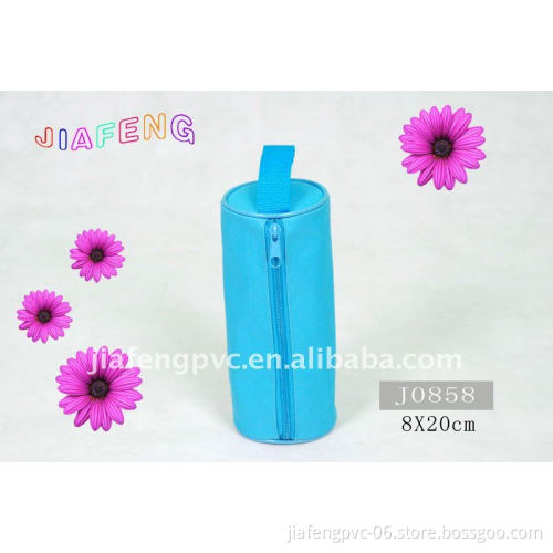 Sky Blue Fabric Cylinder Cosmetic Bag with Handle for Lady's Use
